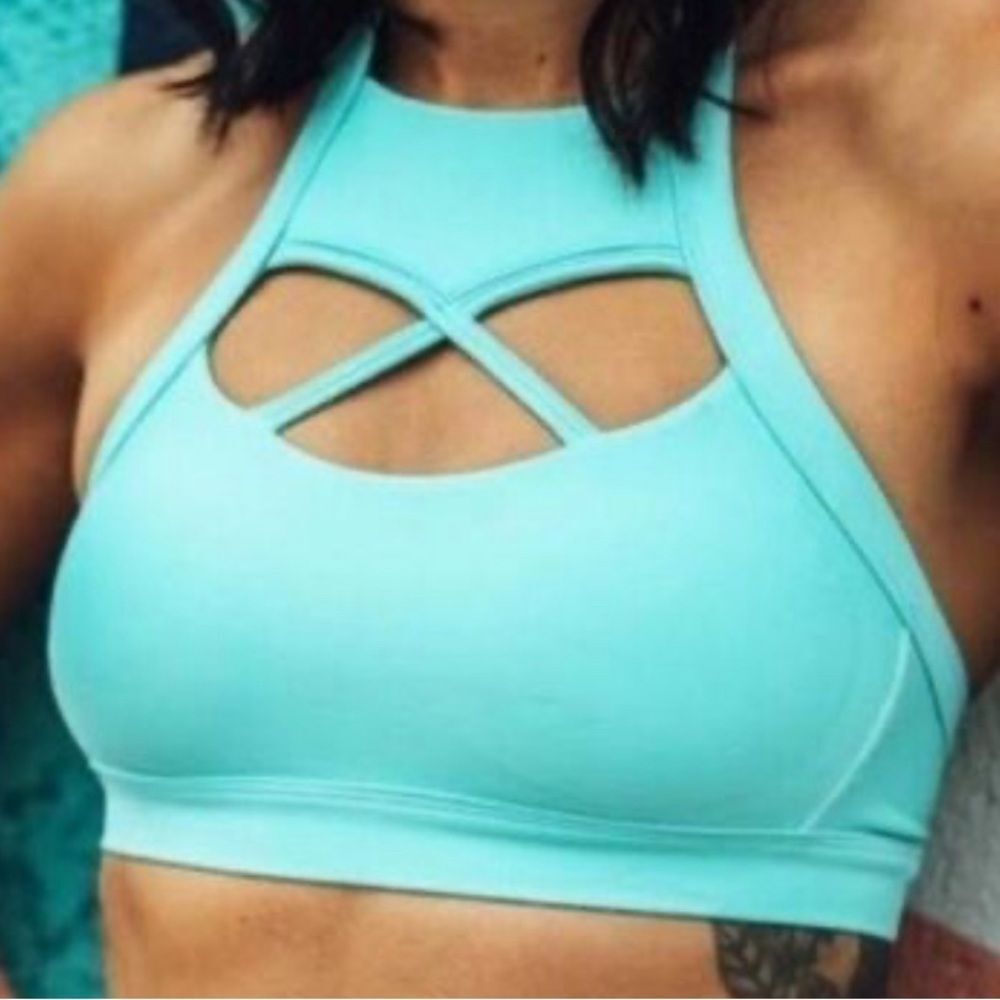 Chestee Barbella open back halter sports bra or swim top sea foam color